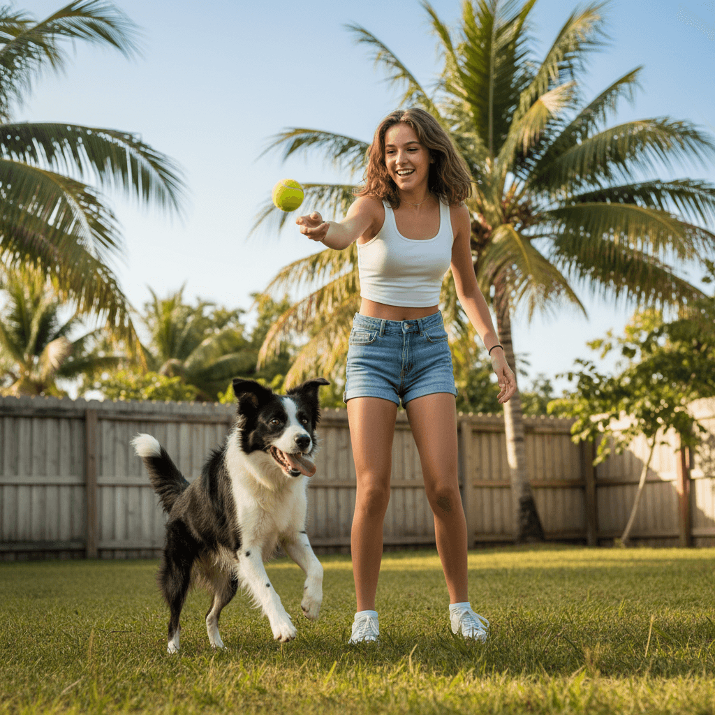 Teenager playing with trained dog in backyard