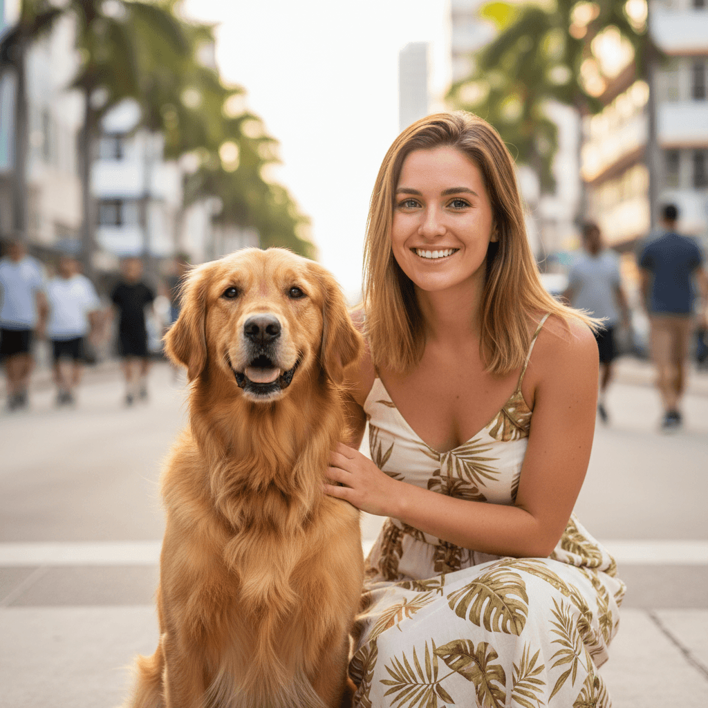 Golden retriever sitting calmly on leash with owner in Miami